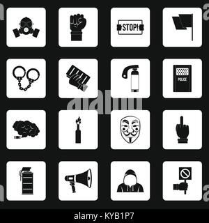 Protest icons set in white squares on black background simple style vector illustration Stock Vector