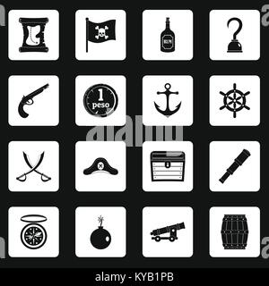 Pirate icons set in white squares on black background simple style vector illustration Stock Vector