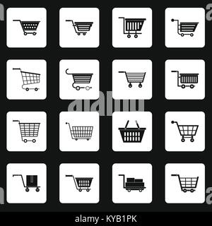Shopping cart icons set in white squares on black background simple style vector illustration Stock Vector