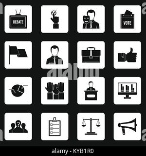 Election voting icons set in white squares on black background simple style vector illustration Stock Vector