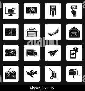 Poste service icons set in white squares on black background simple style vector illustration Stock Vector