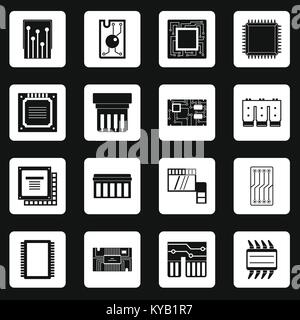 Computer chips icons set in white squares on black background simple style vector illustration Stock Vector