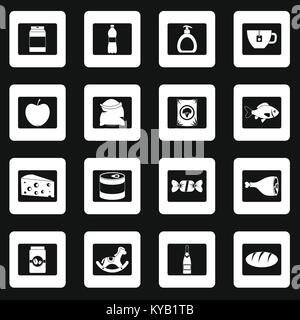 Shop navigation foods icons set in white squares on black background simple style vector illustration Stock Vector