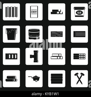 Building materials icons set in white squares on black background simple style vector illustration Stock Vector