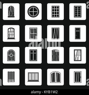 Plastic window forms icons set in white squares on black background simple style vector illustration Stock Vector