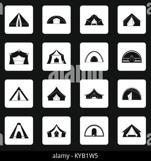 Tent forms icons set in white squares on black background simple style vector illustration Stock Vector