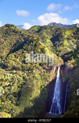The famous Manawaiopuna Falls in Kauai, Hawaii. The waterfall is only reachable by helicopter since it is on private property and it was featured in t