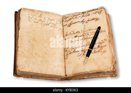 old copybook with fountain pen   isolated on white background Stock Photo