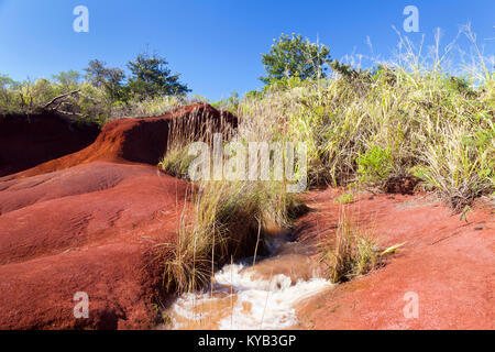 A little river running through an area of intensely red dirt near Waimea Canyon in Kauai, Hawaii. Stock Photo