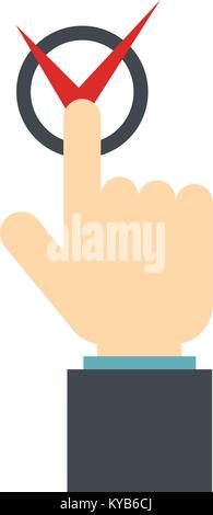 Hand finger pressing button with red tick icon Stock Vector