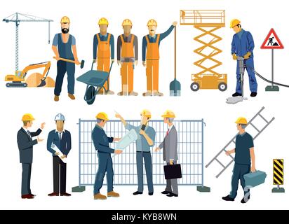 Construction site with craftsmen and architects Stock Vector
