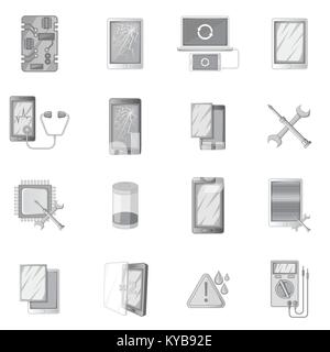 Broken phones fix icons set monochrome Stock Vector