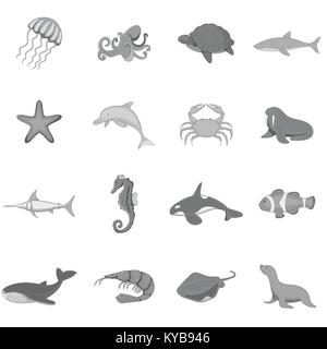 Ocean inhabitants icons set monochrome Stock Vector