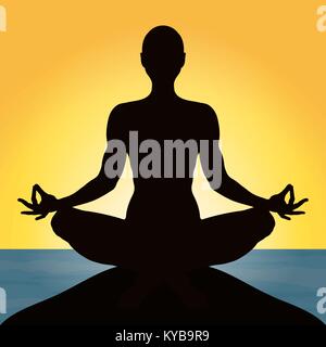 Yoga, figure of a man sitting in a lotus pose against the background of the sea and sunset, vector silhouette. Meditation relaxation human on the beach, outline portrait, contour drawing Stock Vector