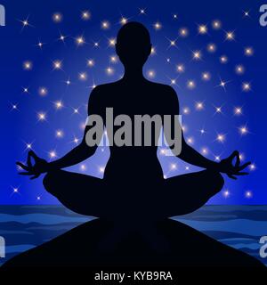 Yoga, figure of a man sitting in a lotus pose against the background of the night sky and stars, vector silhouette. Meditation relaxation human, outline portrait, contour drawing Stock Vector