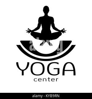 Yoga logo, vector icon, emblem for yoga center. Figure of a man sitting in a lotus pose, vector silhouette. Meditation relaxation human with a font isolated on white background Stock Vector