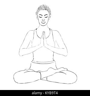 Yoga pose, woman meditating in a lotus pose, vector coloring drawing portrait. Meditation relaxation girl sitting cross-legged, outline black and white illustration. Isolated on white background Stock Vector