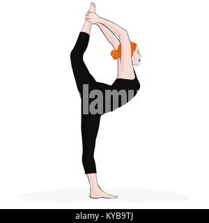 Yoga pose, woman doing stretching legs, leg split, vector multicolored drawing portrait. Cartoon girl is engaged in gymnastics. Isolated on white background Stock Vector