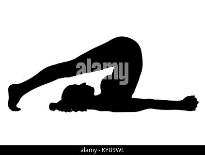 Yoga, woman in a pose halasana silhouette, vector outline portrait, gymnast figure, black and white contour outline drawing. Isolated on white background Stock Vector