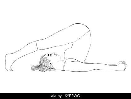 Yoga, woman in a pose halasana, vector coloring drawing portrait. Cartoon girl is engaged in gymnastics. Contour outline black and white illustration. Isolated on white background Stock Vector