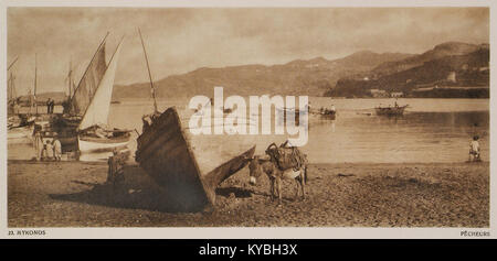 A photograph from 1919 by Daniel Boissonnas and Frédéric Baud-Bovy, titled 'Mykonos - Pêcheurs'. The image captures fishermen on the island of Mykonos, Greece, highlighting local life and activities. Stock Photo