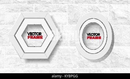 Set of two modern white frames hexagon and oval on white brick wall - vector mockup Stock Vector