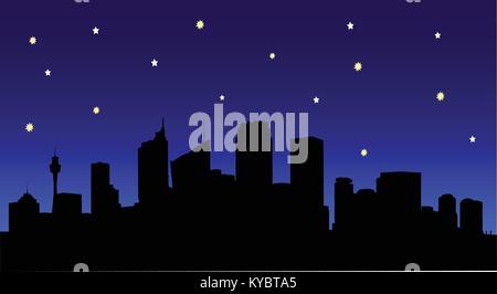 Vector image of Sydney city silhouette at night with stars and moon ...