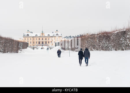 STOCKHOLM, SWEDEN - JANUARY 7, 2017: View over Drottningholm Palace and park on a winter day. Home residence of Swedish royal family. Famous landmark  Stock Photo