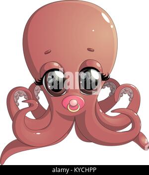 cartoon cheerful octopus painted on white background Stock Vector