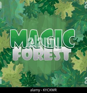 Frame for text decoration. Enchanted forest with green maple leaf - cartoon Stock Vector