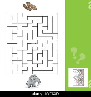 Education Maze or Labyrinth Leisure Game with Elephant and Peanuts with answer Stock Vector