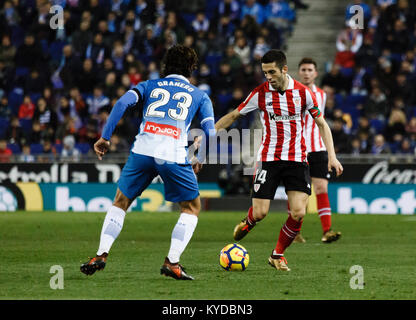 Cornella, Spain. 14th Jan, 2018.  during the La Liga match between RCD Espanyol and Athletic de Bilbao played at the RCDE Stadium. (23) Esteban Granero (centrocampista) and (14)Susaeta Credit: Joan Gosa Badia/Alamy Live News Live News Stock Photo