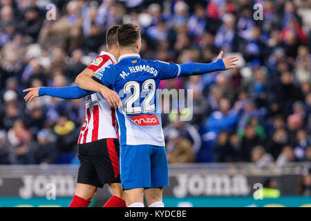 Barcelona, Spain. 14th Jan, 2018. <12< and RCD Espanyol defender Mario Hermoso (22) during the match between RCD Espanyol v Athletic Club, for the round 19 of the Liga Santander, played at RCDE Stadium on 14th January 2018 in Barcelona, Spain. Credit: Gtres Información más Comuniación on line, S.L./Alamy Live News Stock Photo