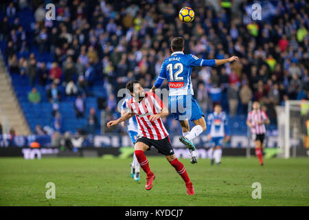 Barcelona, Spain. 14th Jan, 2018. Athletic Club midfielder Raul Garcia (22) and RCD Espanyol defender Didac (12) during the match between RCD Espanyol v Athletic Club, for the round 19 of the Liga Santander, played at RCDE Stadium on 14th January 2018 in Barcelona, Spain. Credit: Gtres Información más Comuniación on line, S.L./Alamy Live News Stock Photo