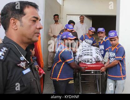 Dead body of Professor Hasan Zafar Arif, leader of MQM-London being shifted to his house from JPMC in Karachi on Sunday, January 14, 2018. Professor Dr Hasan Zafar Arif, MQM-London's deputy convener, was found dead in a car in Karachi's Ilyas Goth area on Sunday. 'The body of Hassan Zafar Arif, son of Maqbool Hassan, 70-72-years-old, was found from car number ANC-016, Lancer silver at Ilyas Goth,' station house officer at Ibrahim Hyderi police station confirmed. Stock Photo