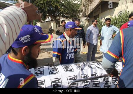 Dead body of Professor Hasan Zafar Arif, leader of MQM-London being shifted to his house from JPMC in Karachi on Sunday, January 14, 2018. Professor Dr Hasan Zafar Arif, MQM-London's deputy convener, was found dead in a car in Karachi's Ilyas Goth area on Sunday. 'The body of Hassan Zafar Arif, son of Maqbool Hassan, 70-72-years-old, was found from car number ANC-016, Lancer silver at Ilyas Goth,' station house officer at Ibrahim Hyderi police station confirmed. Stock Photo