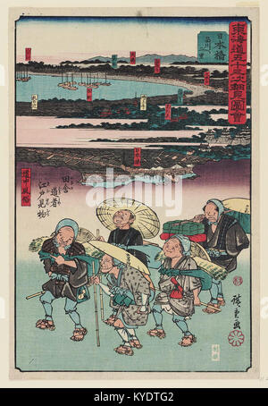Woodblock print by Utagawa Hiroshige depicting Nihonbashi, the starting point of the Tōkaidō road. The artwork shows merchants, travelers, and Edo-period urban scenery in detailed composition. Stock Photo