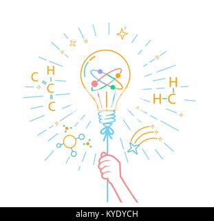 concept of children's creativity, experiments, inventions, in the form of a hand holding a balloon in the form of a light bulb. Icon in the linear sty Stock Vector