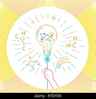 concept of children's creativity, experiments, inventions, in the form of a hand holding a balloon in the form of a light bulb. Icon in the linear sty Stock Vector