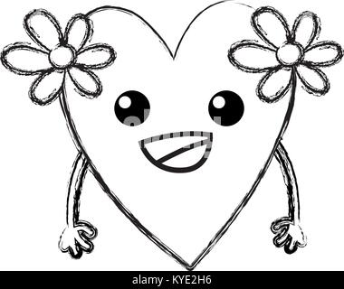 figure happy heart with flowers kawaii with arms Stock Vector