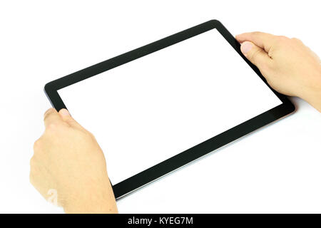 Concept of working on a blank digital tablet isolated on a white background Stock Photo