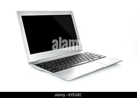 Mock up of a luxury and modern generic laptop in a metal case in close-up on a white background. Stock Photo