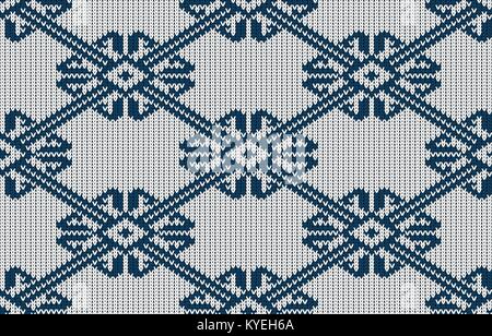 Norwegian knitted blue pattern on a white background. Woolen seamless knitted pattern Stock Vector