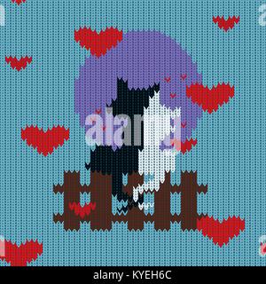 Knitted woolen seamless pattern for Valentine's Day. Black cat and a white kitty are sitting close to each other Stock Vector