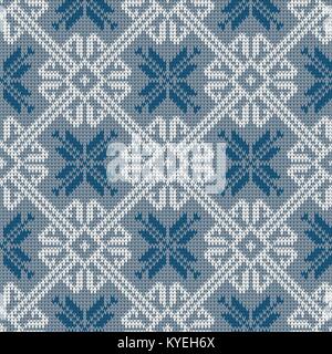 Norwegian knitted pattern with snowflakes in vintage blue color. Woolen seamless knitted pattern Stock Vector