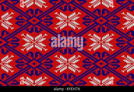 Knitted pattern with snowflakes in National colors of Norway. Woolen seamless knitted pattern Stock Vector