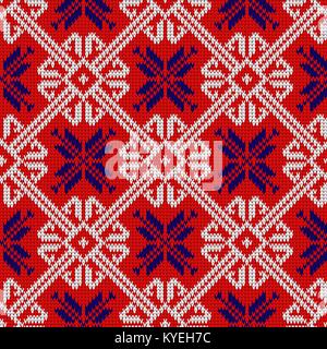 Knitted pattern with snowflakes in National colors of Norway. Woolen seamless knitted pattern Stock Vector