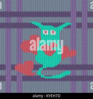 Strange long-eared cute creature with red hearts on the seamless knitted pattern. Knitted woolen pattern of Valentine's Day Stock Vector