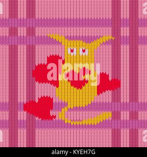 Strange yellow long-eared cute creature with red hearts on the seamless knitted pattern. Knitted woolen pattern of Valentine's Day Stock Vector