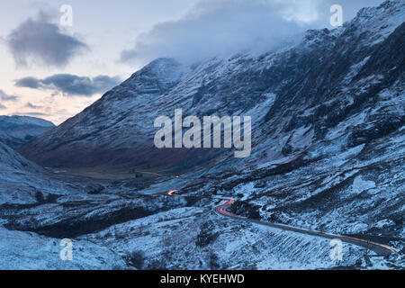 Light trails on main road through Glencoe, Highland Scotland Stock Photo